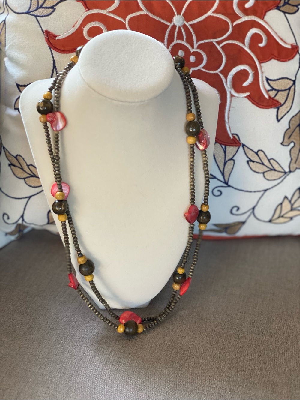 Vintage Handcrafted Brown & Yellow Beaded  Necklace With Pinkish Mother Of Pearl